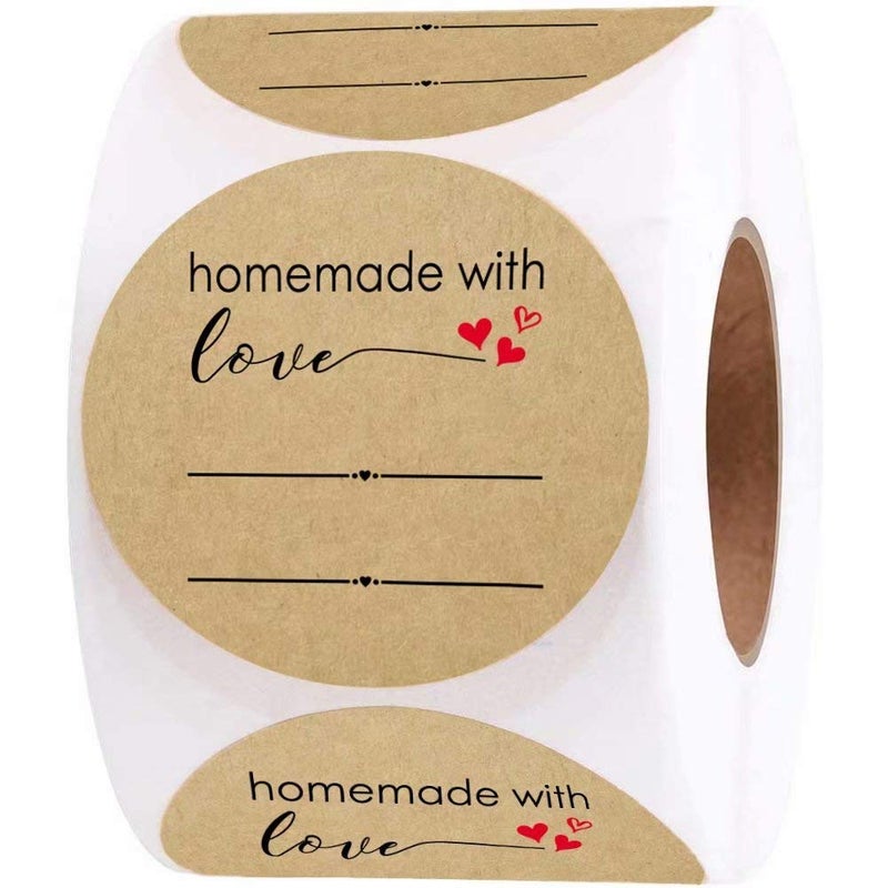 BATTOO 2 Inch Homemade with Love Sticker with Lines for Writing (500 Labels per roll) Brown Kraft Stickers for Canning Labels Jar, Store Owners, Crafts, Organizing, Gift, Price Tags, Envelop Seal - Image 1